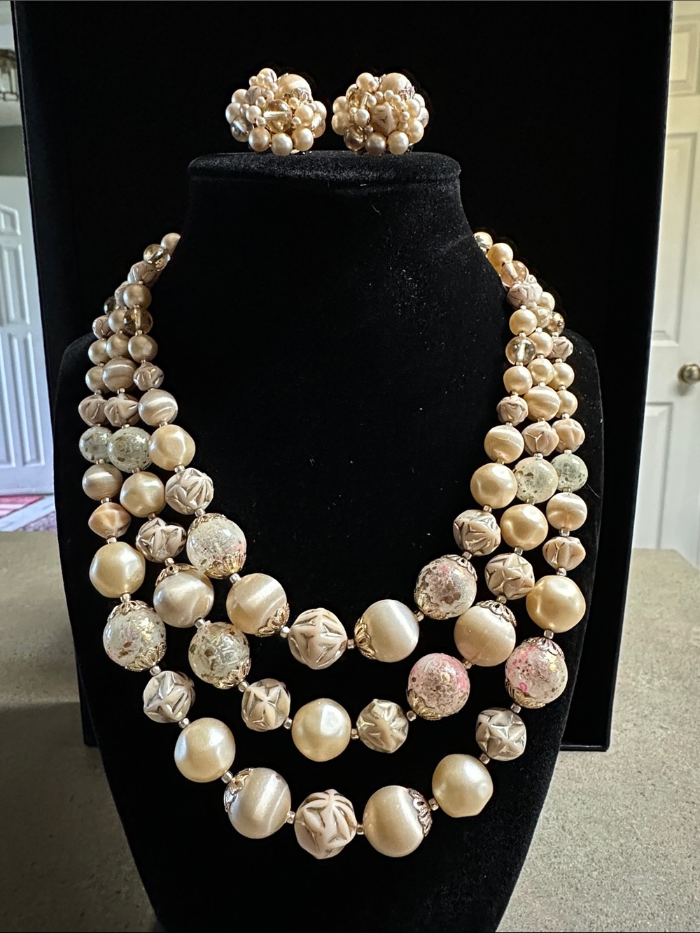 VTG Mid Century Japan Champagne Faux Pearl Triple Strand Necklace Earring Set